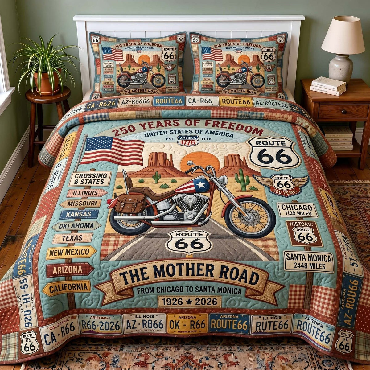 Mother Road Route 66 Motorcycle quilted 3-piece bedding set on a made bed with two matching pillow shams