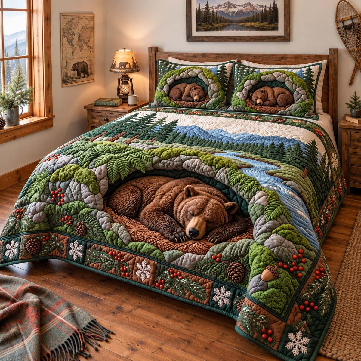 Mountain Bear Den quilted 3-piece bedding set on a made bed with two matching pillow shams