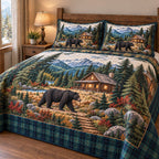 Mountain Bear Lodge quilted 3-piece bedding set on a made bed with two matching pillow shams
