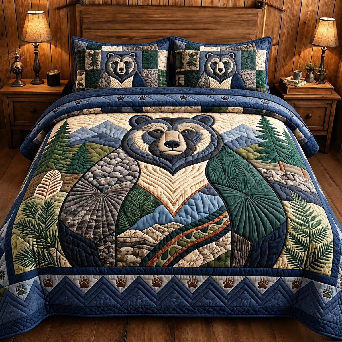 Mountain Bear Portrait quilted 3-piece bedding set on a made bed with two matching pillow shams