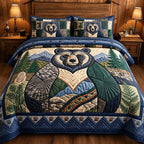 Mountain Bear Portrait quilted 3-piece bedding set on a made bed with two matching pillow shams