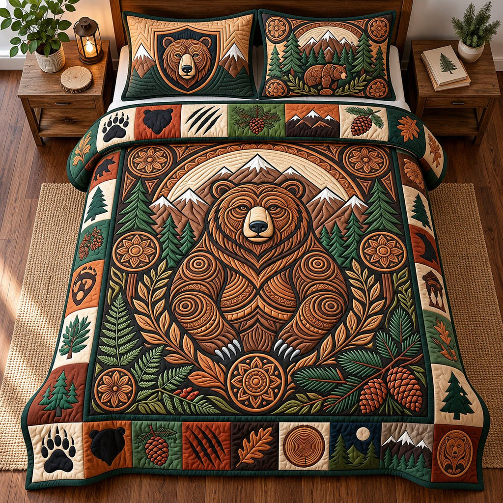 Mountain Bear quilted 3-piece bedding set on a made bed with two matching pillow shams