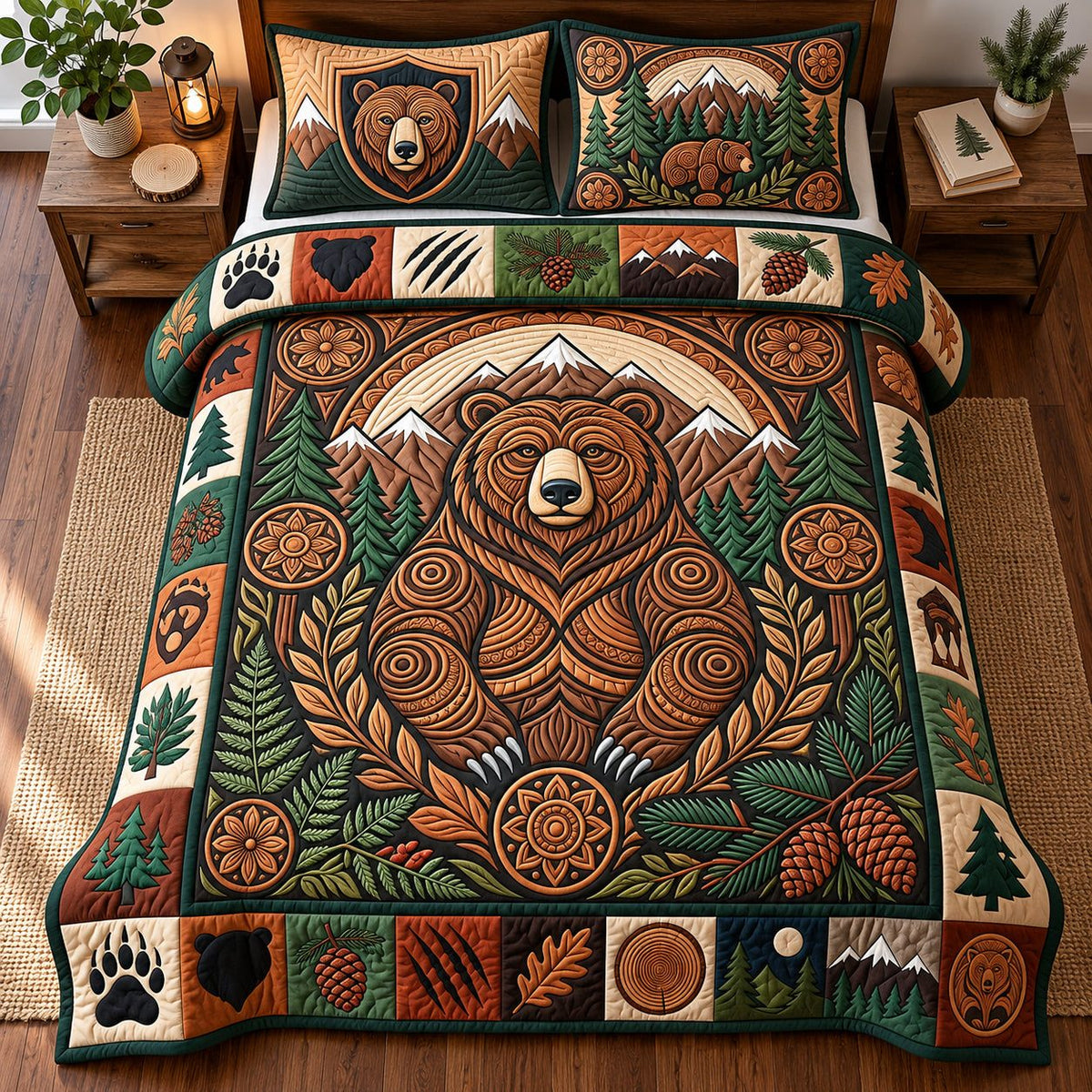 Mountain Bear quilted 3-piece bedding set on a made bed with two matching pillow shams