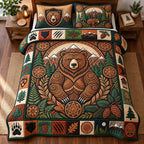 Mountain Bear quilted 3-piece bedding set on a made bed with two matching pillow shams