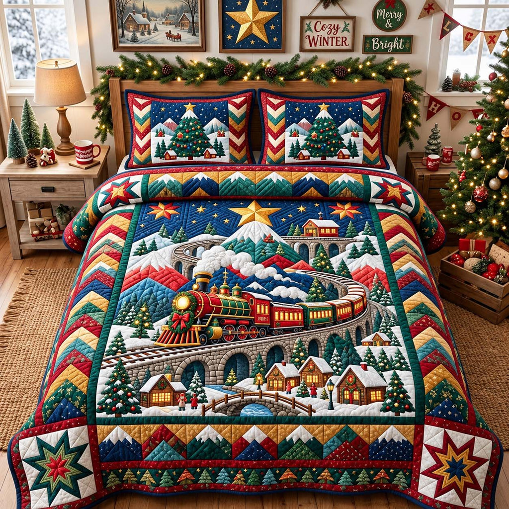 Mountain Christmas Railway quilted 3-piece bedding set on a made bed in a winter-styled bedroom