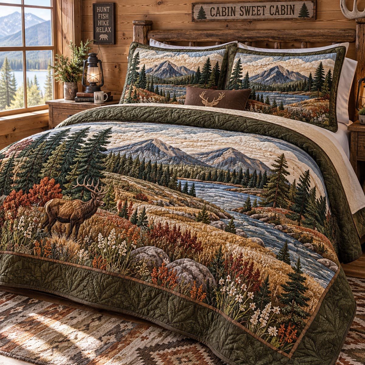 Mountain Creek Lodge quilted 3-piece bedding set on a made bed with two matching pillow shams