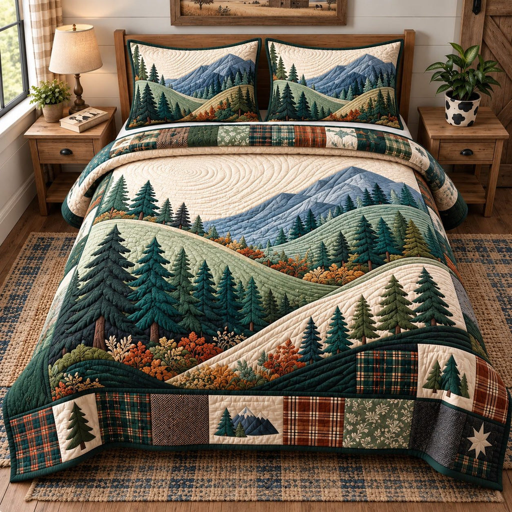 Mountain Forest quilted 3-piece bedding set on a made bed with two matching pillow shams