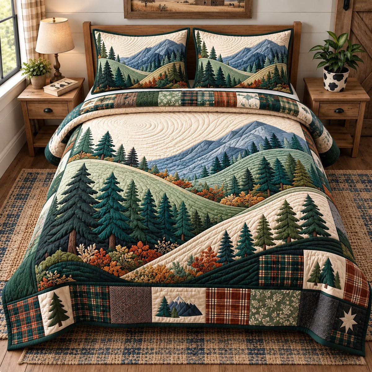 Mountain Forest quilted 3-piece bedding set on a made bed with two matching pillow shams