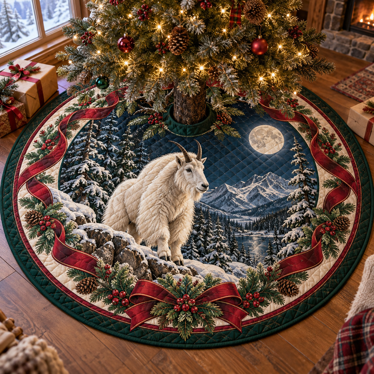Mountain Goat Quilted Christmas Tree Skirt — digital product visualization