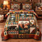 Mountain Lodge Patchwork quilted 3-piece bedding set on a made bed in a farmhouse bedroom