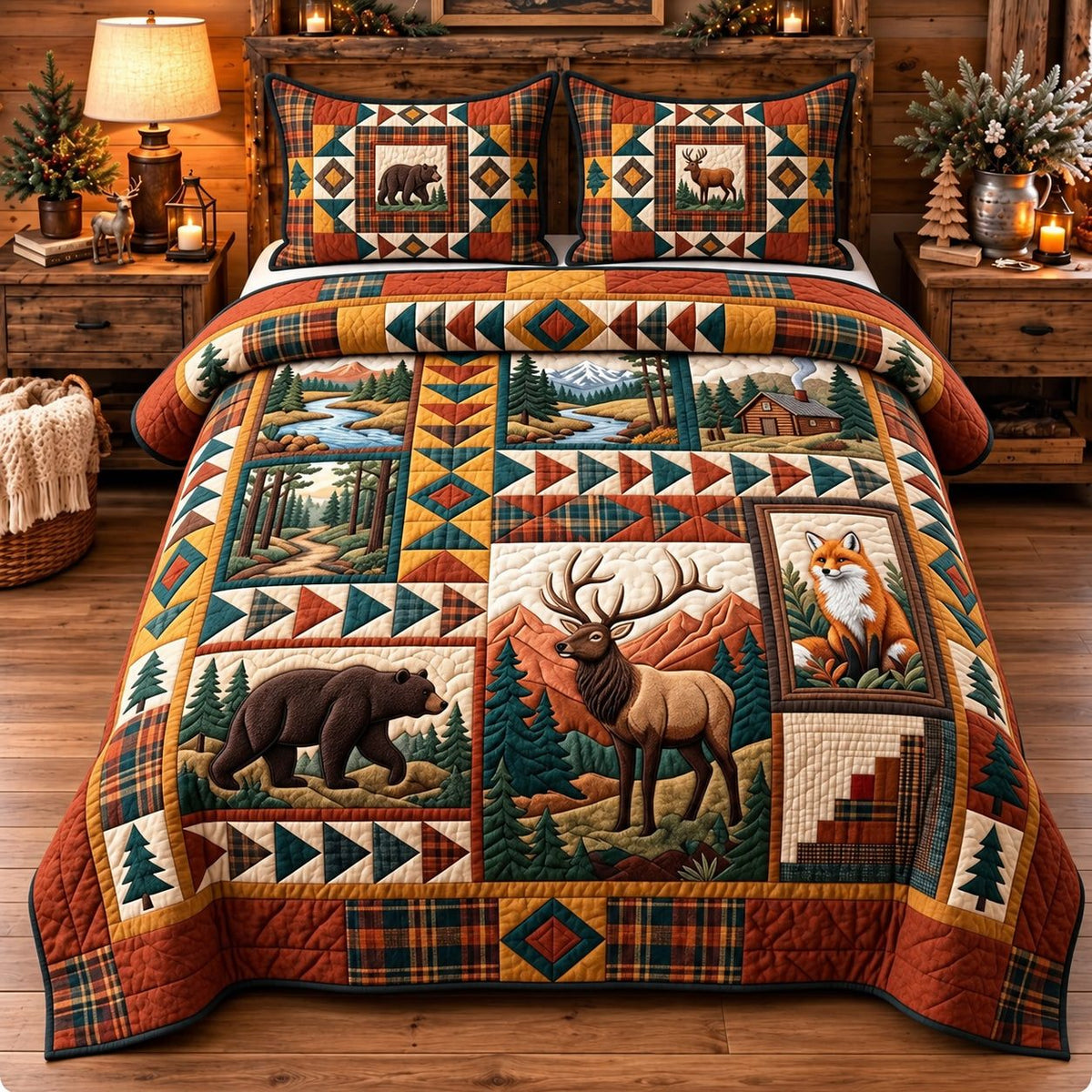 Mountain Lodge Patchwork quilted 3-piece bedding set on a made bed in a farmhouse bedroom