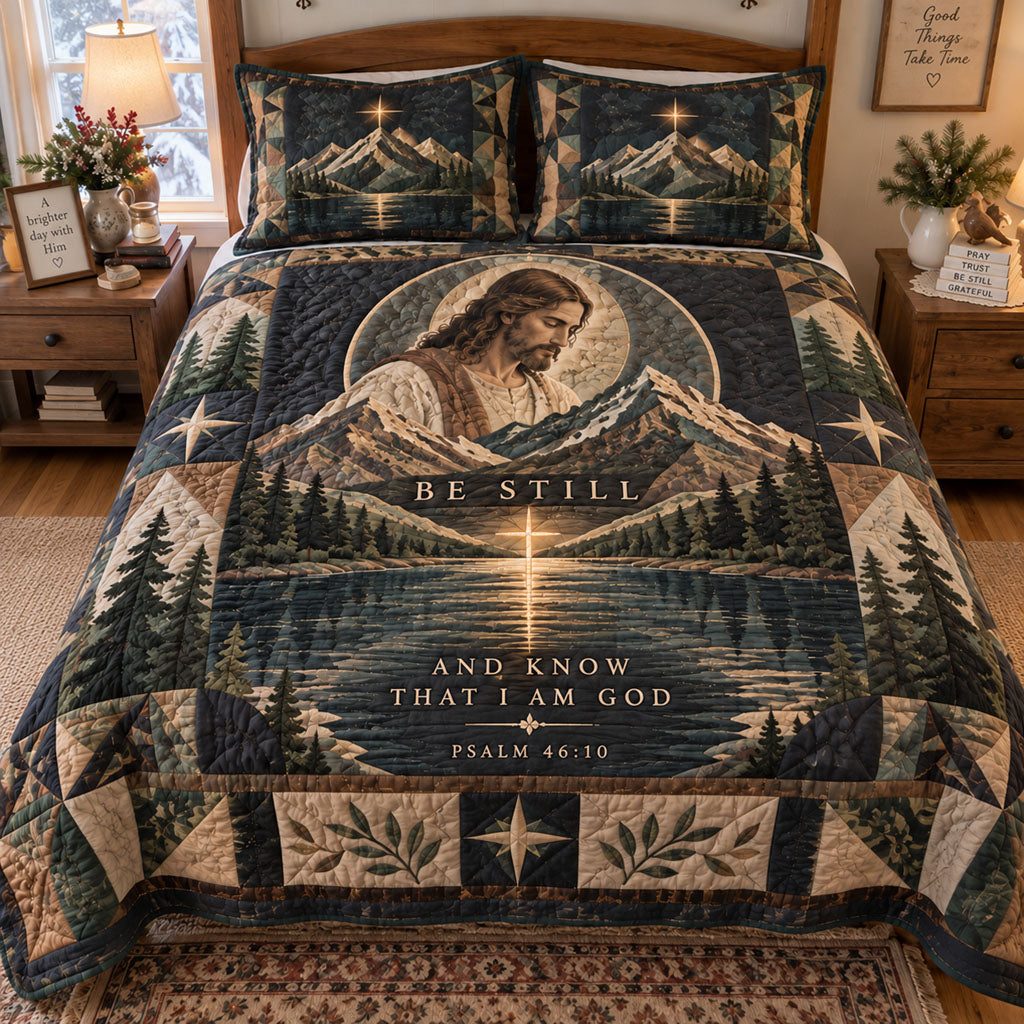 Mountain of Hope quilted 3-piece bedding set on a made bed with two matching pillow shams