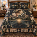 Mountain of Hope quilted 3-piece bedding set on a made bed with two matching pillow shams