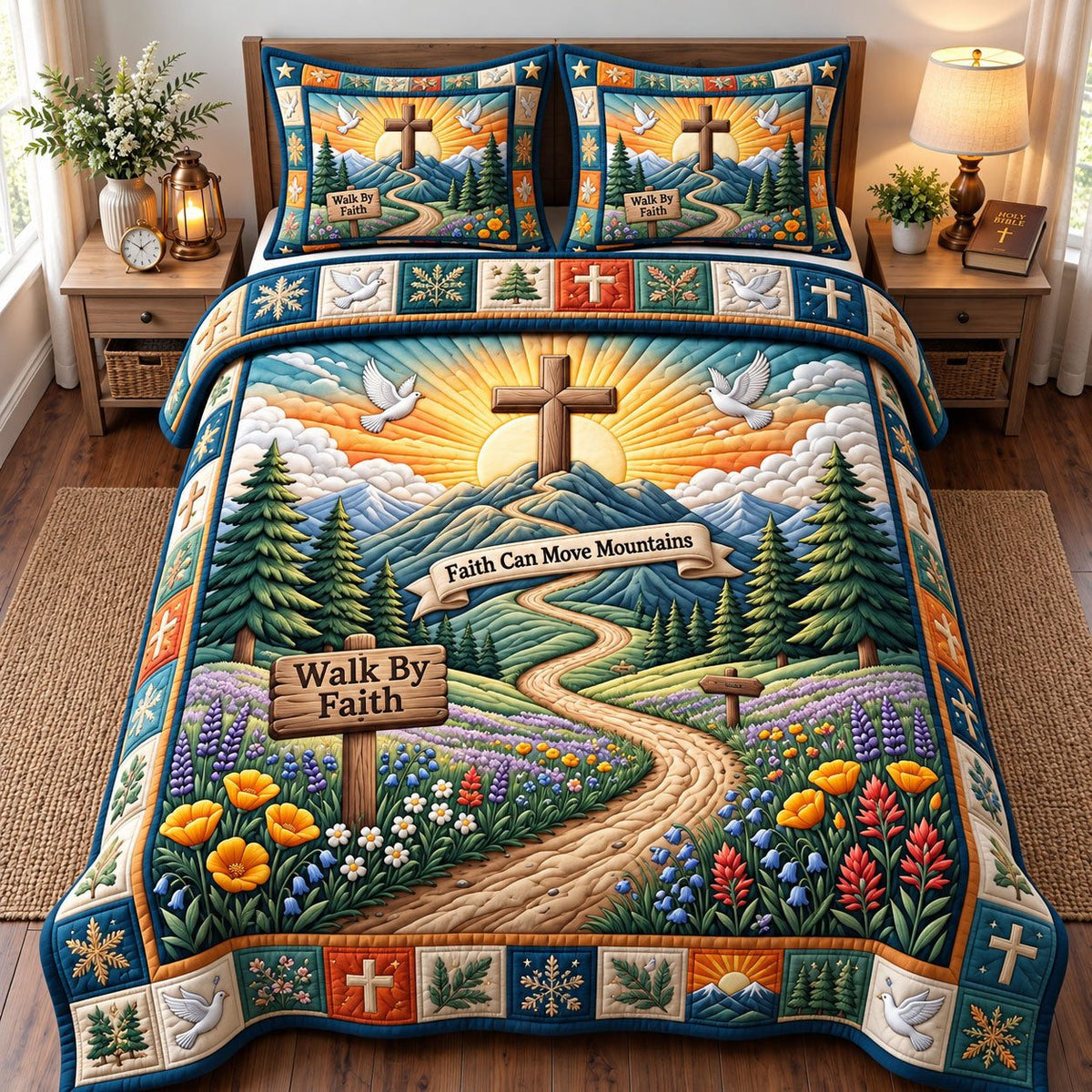 Mountain Path Walk By Faith quilted 3-piece bedding set on a made bed in a softly lit bedroom