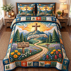 Mountain Path Walk By Faith quilted 3-piece bedding set on a made bed in a softly lit bedroom