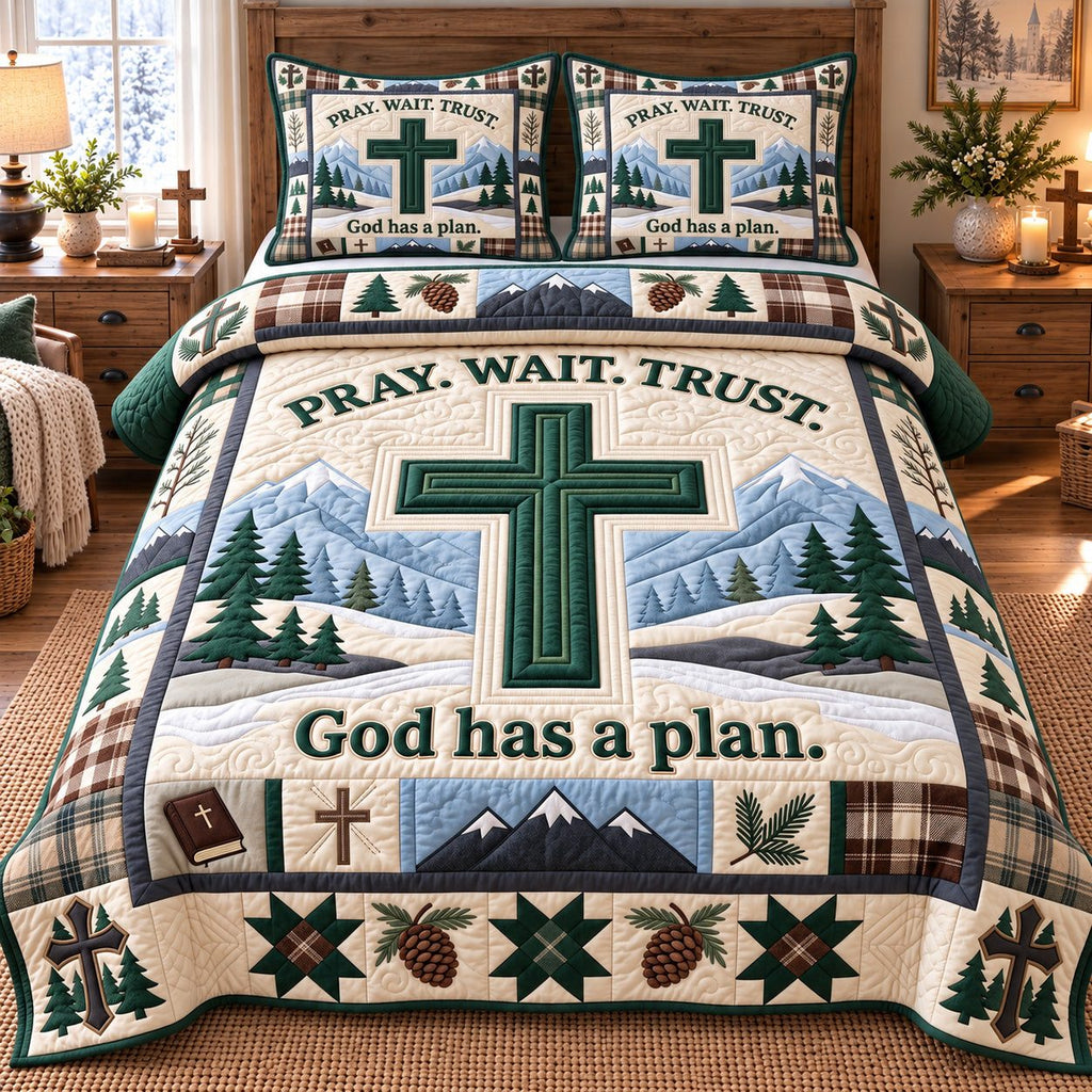 Mountain Pine Pray Wait Trust quilted 3-piece bedding set on a made bed in a softly lit bedroom