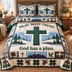 Mountain Pine Pray Wait Trust quilted 3-piece bedding set on a made bed in a softly lit bedroom