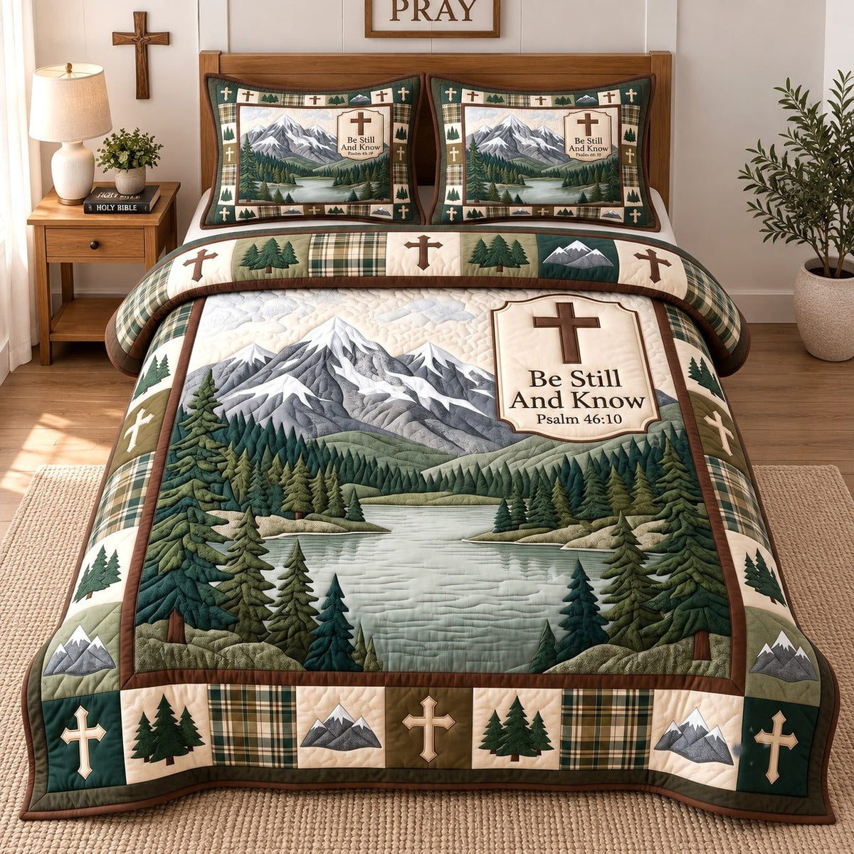 Mountain Psalm Haven quilted 3-piece bedding set on a made bed in a softly lit bedroom