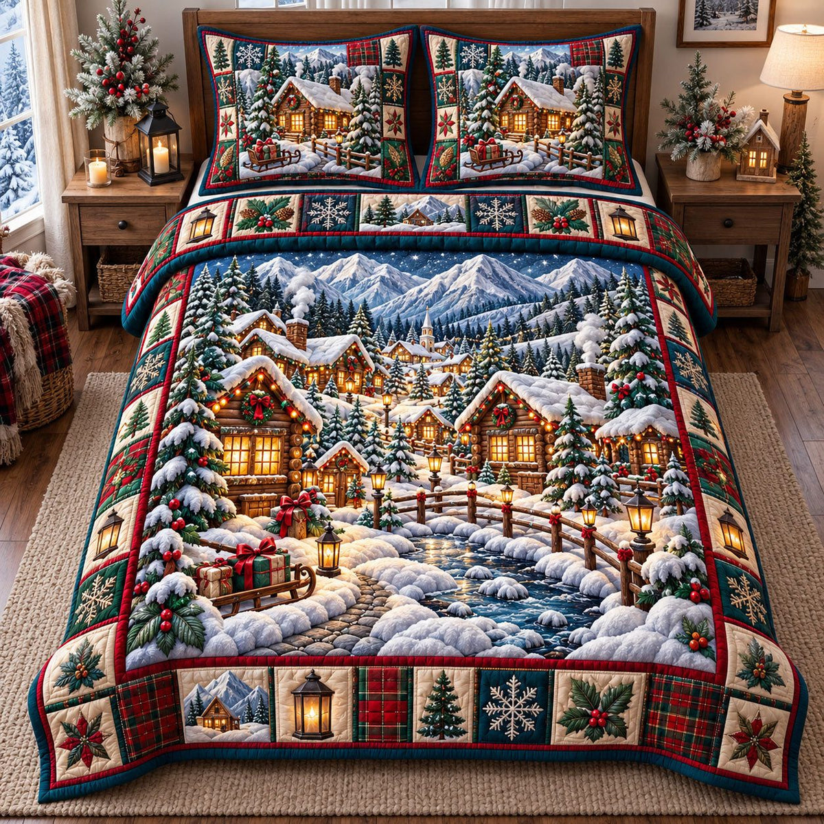 Mountain River Cabins Christmas Village quilted 3-piece bedding set on a made bed in a winter-styled bedroom