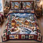 Mountain River Cabins Christmas Village quilted 3-piece bedding set on a made bed in a winter-styled bedroom