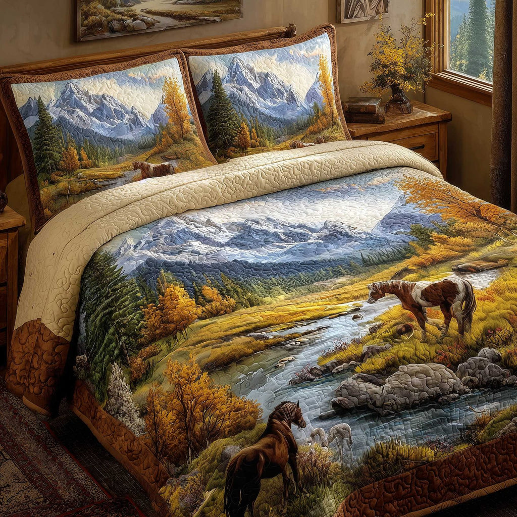 Mountain Serenity Horses quilted 3-piece bedding set on a made bed in a rustic timber bedroom