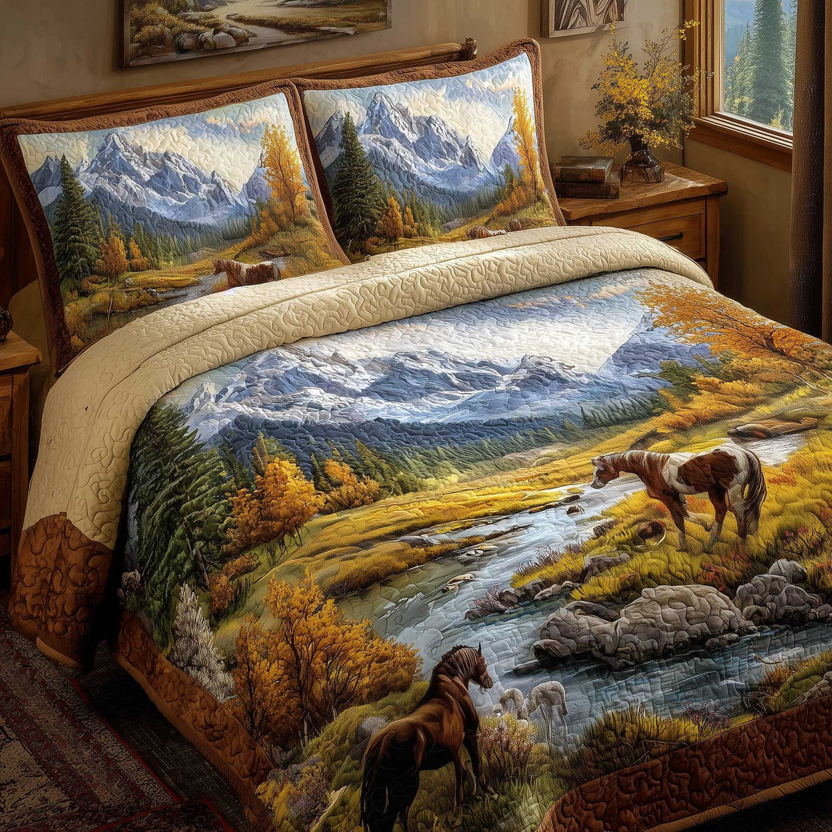 Mountain Serenity Horses quilted 3-piece bedding set on a made bed in a rustic timber bedroom