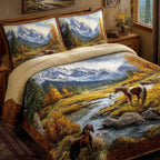 Mountain Serenity Horses quilted 3-piece bedding set on a made bed in a rustic timber bedroom