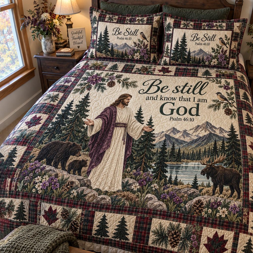 Mountain Shepherd quilted 3-piece bedding set on a made bed with two matching pillow shams