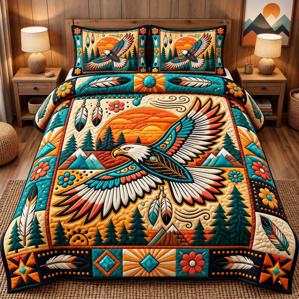 Mountain Sunrise Eagle Spirit quilted 3-piece bedding set on a made bed in a warmly lit bedroom