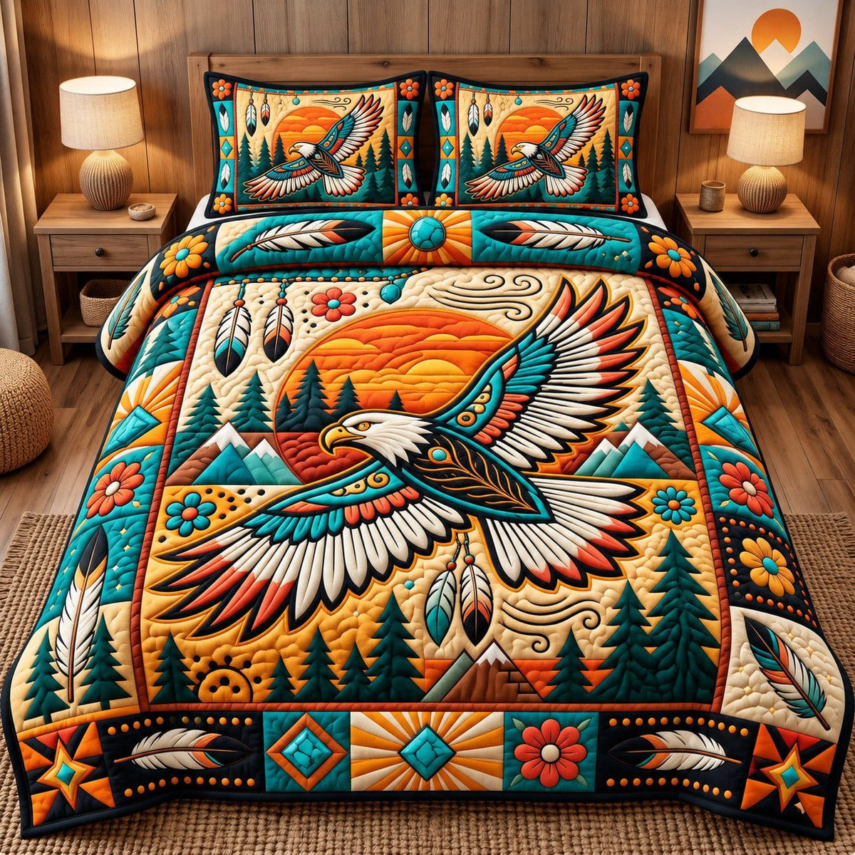 Mountain Sunrise Eagle Spirit quilted 3-piece bedding set on a made bed in a warmly lit bedroom