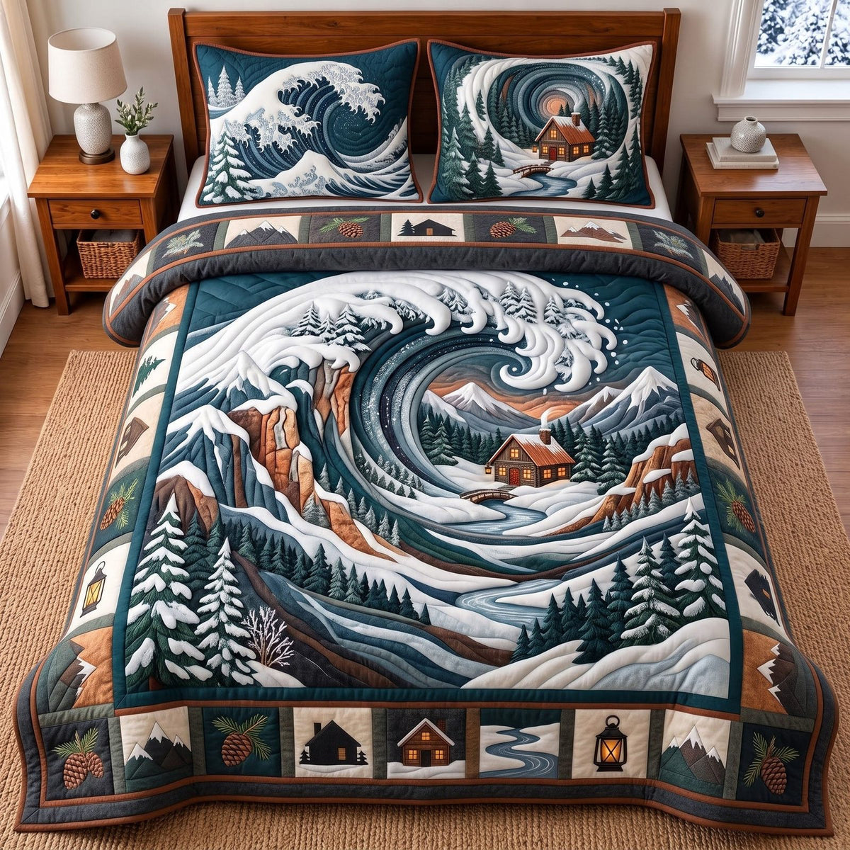 Mountain Wave quilted 3-piece bedding set on a made bed in a light coastal bedroom