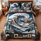 Mountain Wave quilted 3-piece bedding set on a made bed in a light coastal bedroom