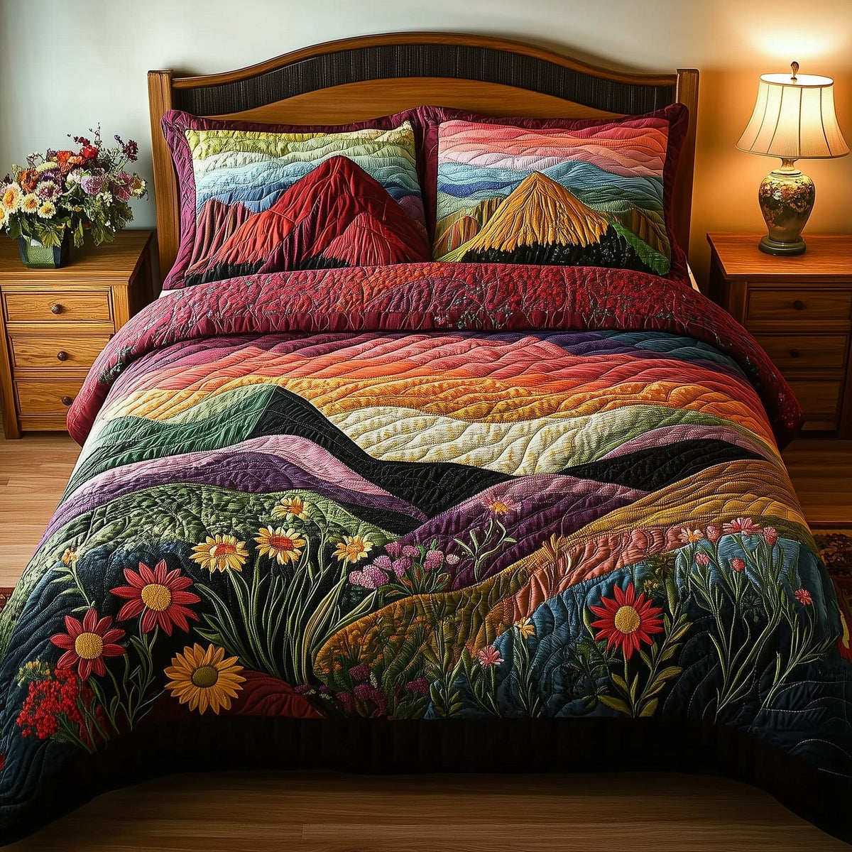 Mountains Embrace Rainbow quilted 3-piece bedding set on a made bed with two matching pillow shams