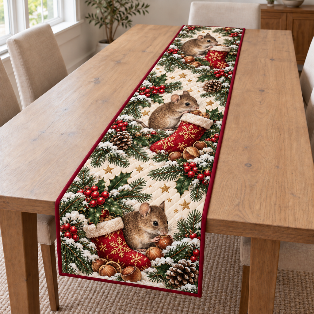 Mouse Hazelnut Stocking printed Christmas quilted table runner; design mockup showing a flat printed depth effect.