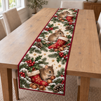 Mouse Hazelnut Stocking printed Christmas quilted table runner; design mockup showing a flat printed depth effect.