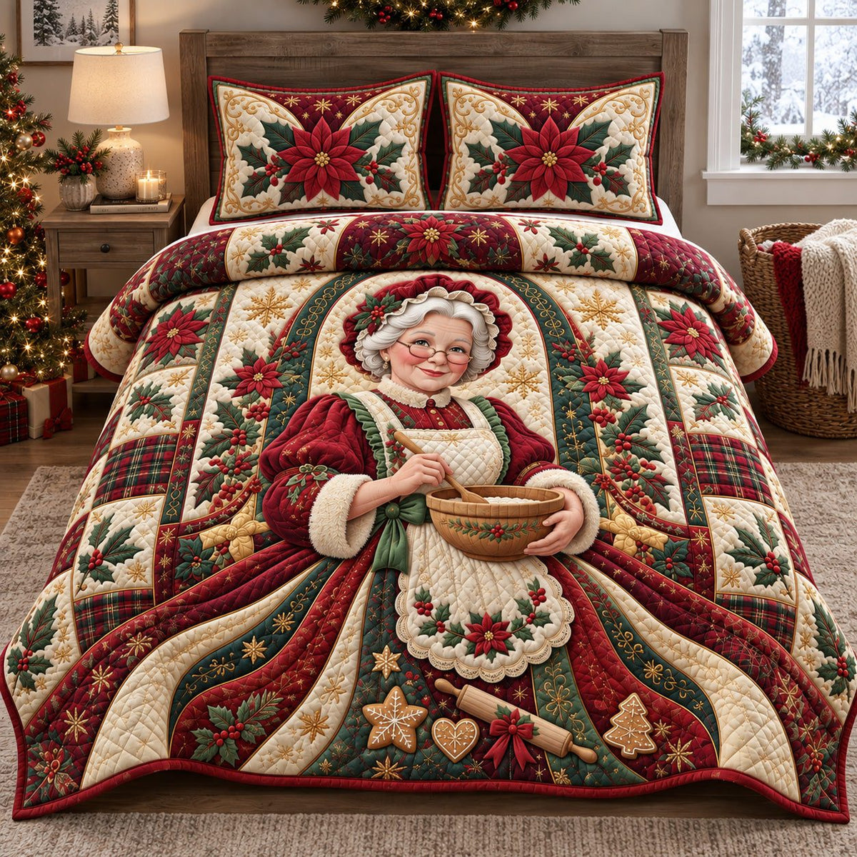 Mrs Claus Christmas quilted 3-piece bedding set on a made bed in a winter-styled bedroom