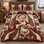 Mrs Claus Christmas quilted 3-piece bedding set on a made bed in a winter-styled bedroom