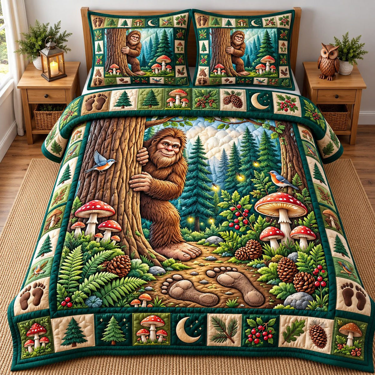 Mushroom Forest Bigfoot quilted 3-piece bedding set on a made bed with two matching pillow shams