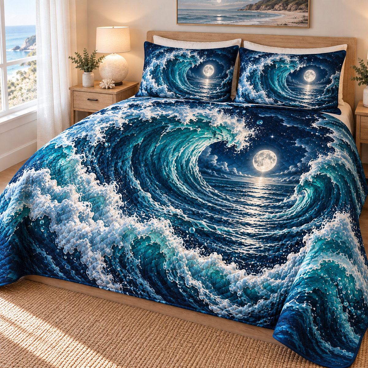 Moonlit ocean waves printed on a quilt and two matching pillow shams in a coastal bedroom
