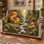 Quilted sofa cover with deep woodland mushroom and fern artwork in a warm forest-inspired living room