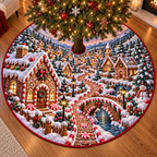 Round quilted gingerbread village tree skirt with printed snowy paths beneath a decorated Christmas tree