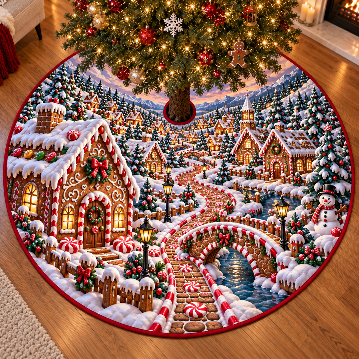Round quilted gingerbread village tree skirt with printed snowy paths beneath a decorated Christmas tree