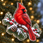Custom contour-cut flat acrylic cardinal and snowy pine branch ornament hanging on a Christmas tree