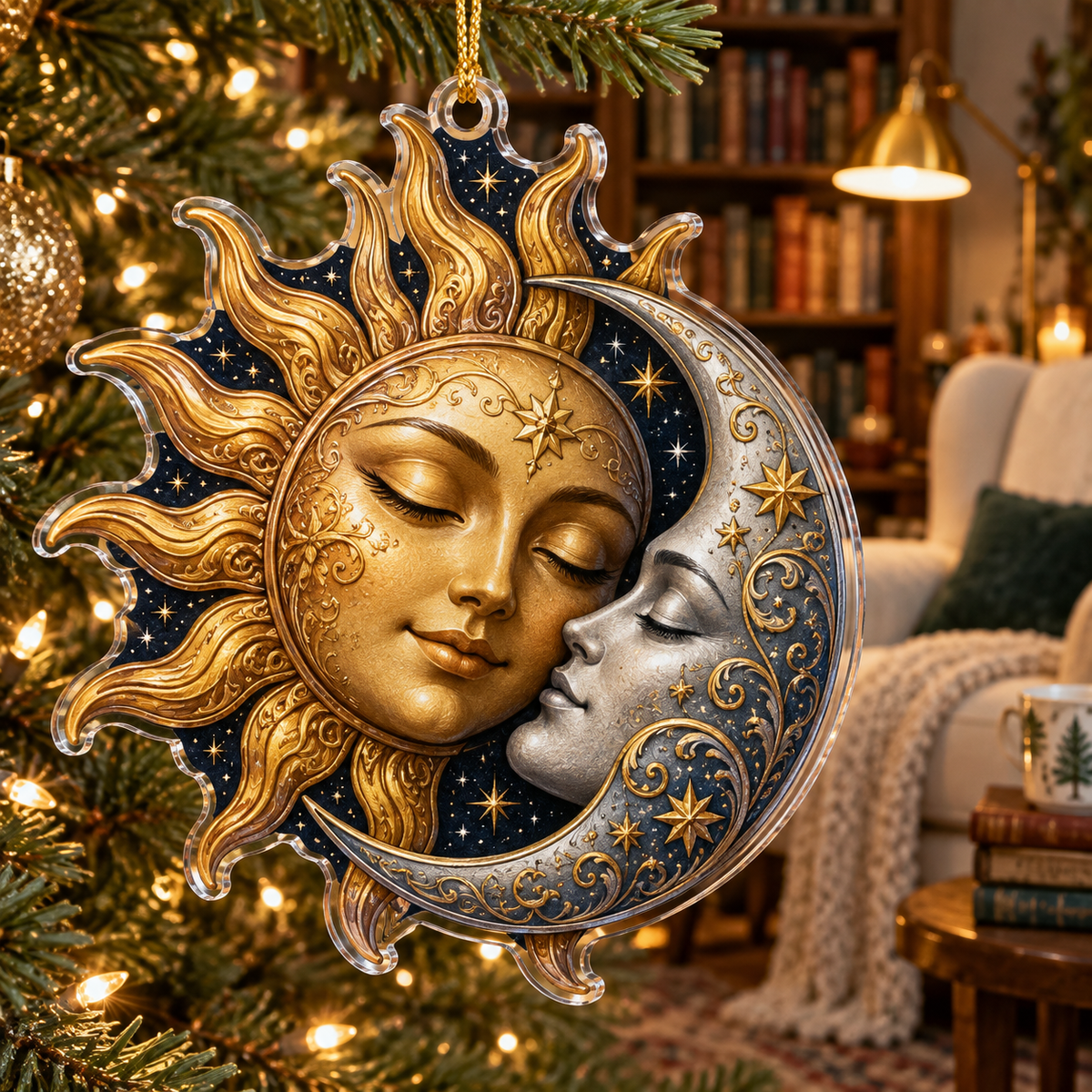 Sun and Moon Custom Shape Christmas Ornament with flat printed optical 3D celestial artwork in a reading nook