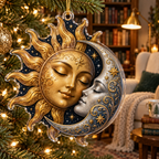 Sun and Moon Custom Shape Christmas Ornament with flat printed optical 3D celestial artwork in a reading nook