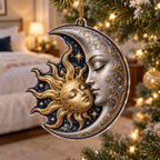 Silver Moon and Golden Sun Custom Shape Christmas Ornament with flat printed optical 3D celestial artwork in a bedroom setting