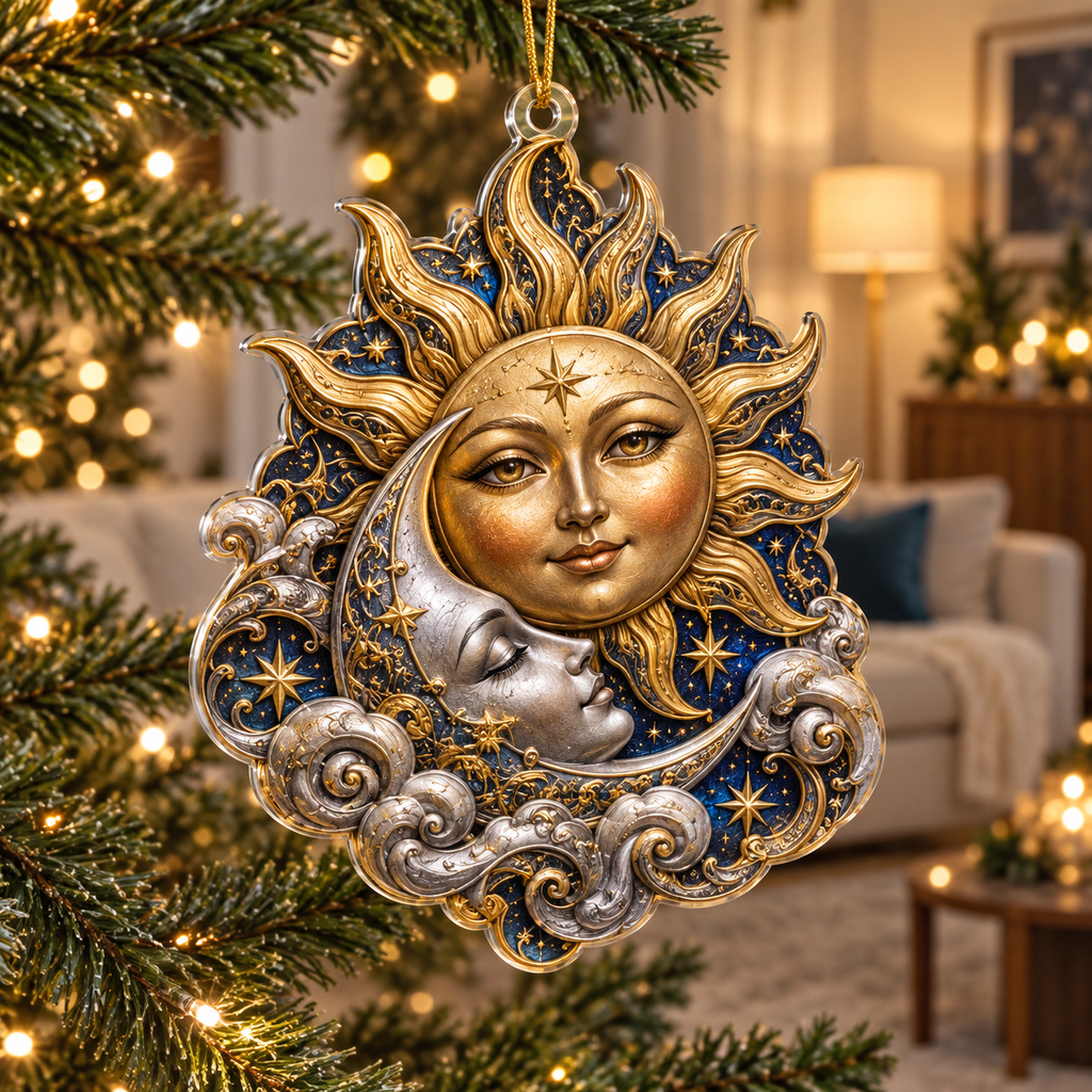 Sun Moon and Clouds Custom Shape Christmas Ornament with flat printed optical 3D artwork in a living room setting