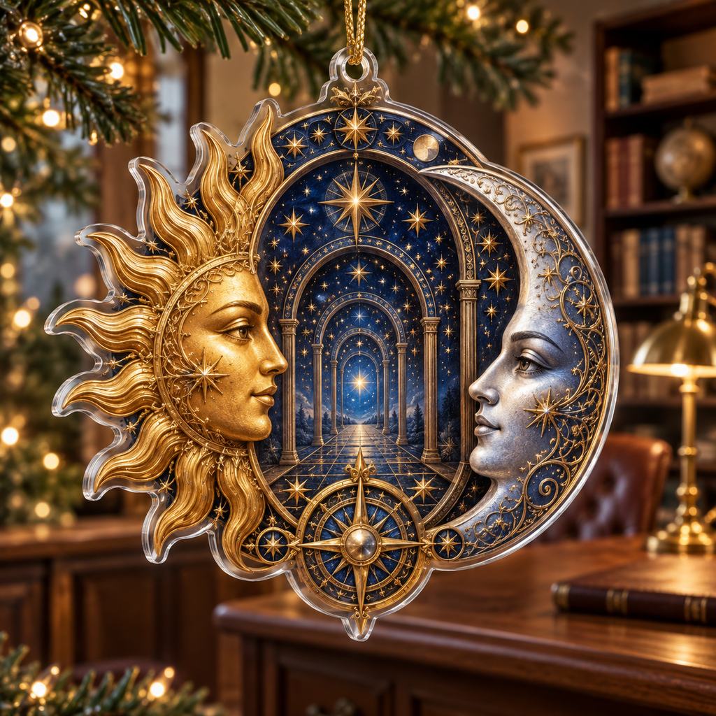 Sun and Moon Star Arch Custom Shape Christmas Ornament with flat printed optical 3D artwork in a home office setting