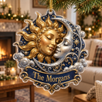 Personalized Sun and Moon Custom Shape Christmas Ornament showing example name The Morgans printed within the celestial artwork