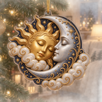 Sleeping Sun and Moon Custom Shape Christmas Ornament with flat printed optical 3D artwork in a peaceful quiet corner